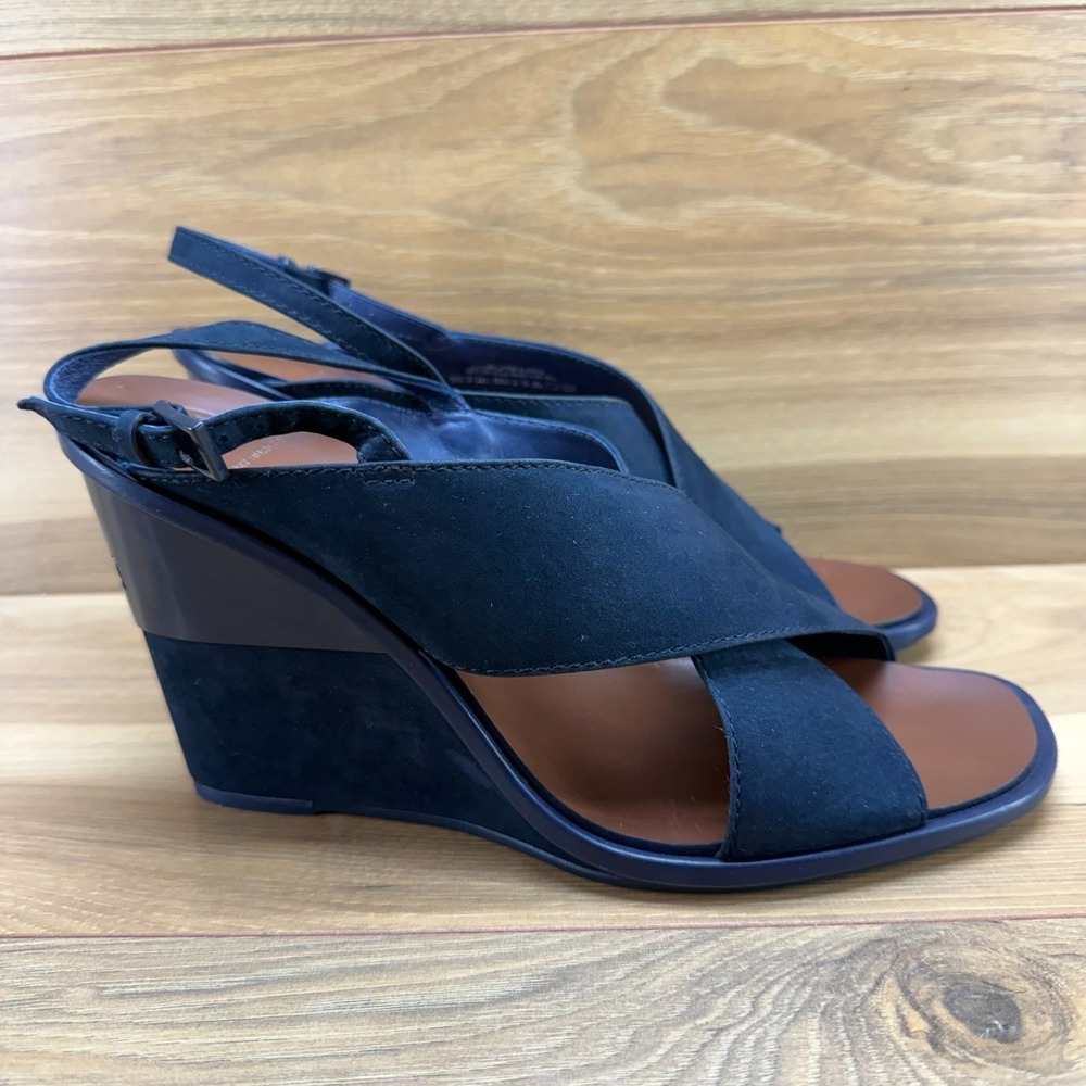 Tory Burch Gabrielle Wedge Slingback Sandals 10.5 M Navy Blue Suede Cross Strap - Picture 5 of 12